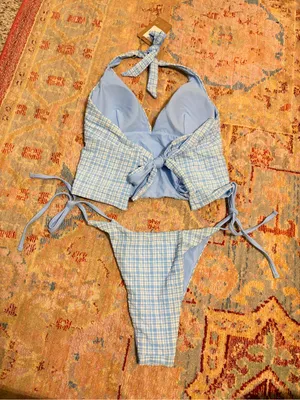 Samiol Blue Knitted Plaid Tankini Set Size M thumbnail 4