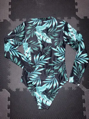SHEIN Black One-Piece Rash Guard Swimsuit with Green Tropical Leaf Print thumbnail 6