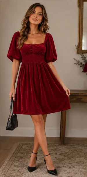 Modcloth Women’s Red Velvet Mini Dress Smocked Puff Sleeve Coquette NWT L thumbnail 1