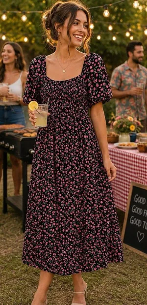 BTFBM Floral Smocked Cottagecore Maxi Dress Puff Sleeve Black Pink Large thumbnail 1