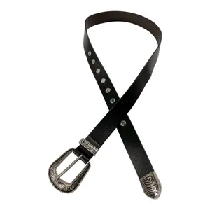 Black Leather Western Engraved Silver Buckle Belt | Size 27 | Boho Cowgirl thumbnail 2