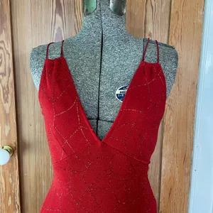 J USA Red Beaded Strappy Back Y2K Maxi Evening Dress Vintage 90’s Sz Large💛🍄 thumbnail 7