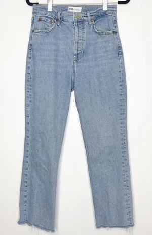 Zara High Rise Straight Leg Crop Jeans Raw Hem Women's Blue Size 8 thumbnail 1