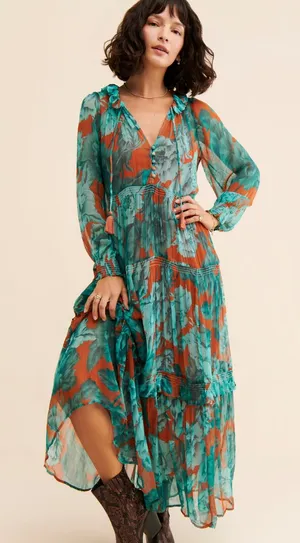 Anthropologie The Marais Printed Tiered Teal Floral Maxi Dress Boho Floral XS thumbnail 1
