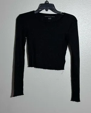 American Eagle Women Ribbed‎ Gray/Black Long Sleeve Crop Top size XS thumbnail 1