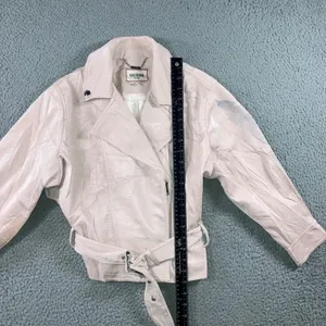 Guess‎ Moto Jacket Women S Pink Crinkled Faux Leather Belted Cropped Biker thumbnail 3