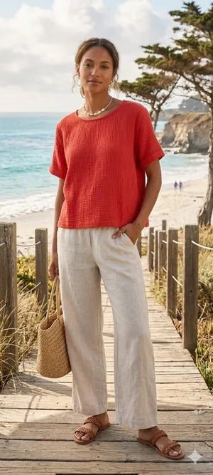 Magaschoni Organic Cotton Blouse Chili Red Size M Coastal Preppy Southern Beach thumbnail 1