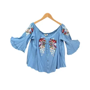 Umgee Blue Floral Embroidered‎ Off The Shoulder Bell Sleeve Blouse XL WG0914 thumbnail 2