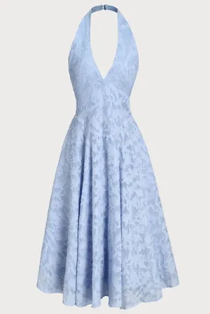 Rihoas Blue Textured Backless Halter Midi Dress thumbnail 1