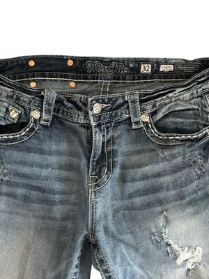 VTG Miss Me Mid~Rise Distressed Boot Cut Jean Sz 32 Embellished Embroidered Blue thumbnail 3