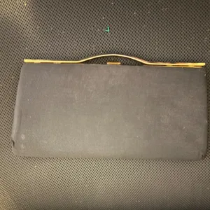 Vintage Black Satin Evening Clutch‎ Bag Gold Tone Frame Wavy Top Bar Formal thumbnail 7