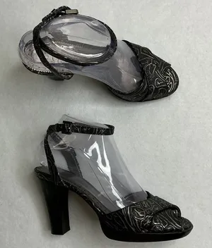 Franco Sarto Womens 6M Black Silver Metallic Embossed Ankle Strap Peep Toe Heels thumbnail 1
