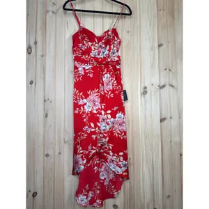 NWT Lulus My Favorite Day Red Floral Print Tulip Skirt Midi Dress Party Size XS thumbnail 2