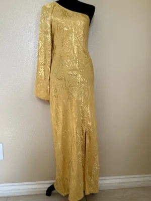 NWT H&M Gold Metallic Jacquard One Shoulder Open Back Maxi Dress M Y2K Glam thumbnail 2