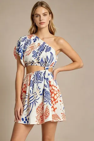 NWOT Farm Rio Mixed Lobsters One-Shoulder Linen Blend Mini Dress Size S thumbnail 1