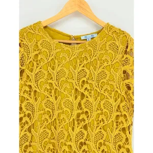 She + Sky‎ Crochet Mini Dress Large Mustard Yellow Floral Lace Shift Boho Retro thumbnail 3