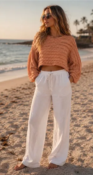 POL Cropped Cable Knit Sweater in Peach thumbnail 1