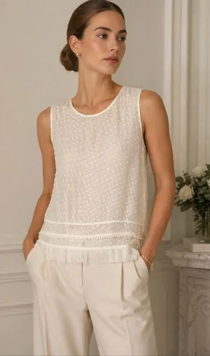 Proenza Schouler Silk Blend Ivory Textured Dot Fringe Sleeveless Blouse Size 10 thumbnail 1