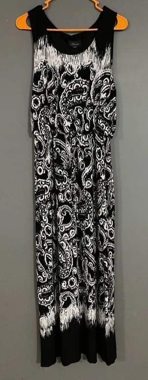 Kiara Black White Paisley Print Sleeveless Maxi Dress Faux Tie Size Large thumbnail 1