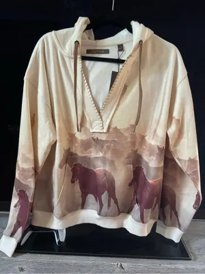 Shyanne Cream & Brown Horse-Print Hooded V-Neck Pullover thumbnail 4