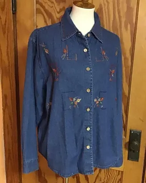 Vintage 90s autumn leaves oversized denim leaves top thumbnail 4