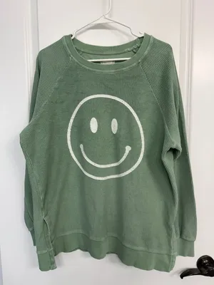 Altar’d State Green Ribbed Smiley Face Oversized Pullover S thumbnail 3