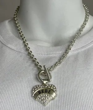 Bebe Necklace Glass Crystal Rhinestone Cast Silver Tone Chunky Heart Pendant 16” thumbnail 1