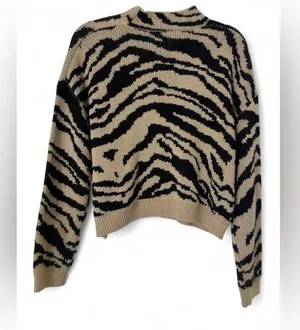 SheIn Women’s Zebra Stripe Sweater Medium Drop Shoulder Long Sleeve Tan Black Acrylic thumbnail 5