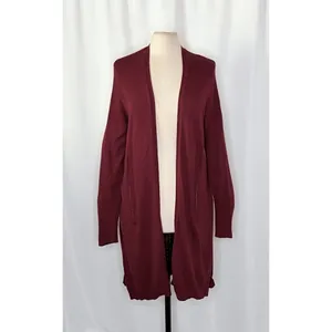 By ANTHROPOLOGIE Pointelle‎ Long Cardigan Sweater Purple Burgundy Cottage Medium thumbnail 2