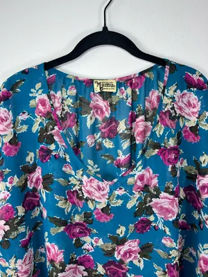 Show Me Your Mumu Floral Blouse Tunic Teal Semi Sheer Romantic Whimsical USA Lg thumbnail 2