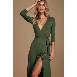 Lulus Garden District Olive Green Wrap Maxi Dress Stretch Jersey Knit Small NWT thumbnail 2