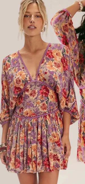 Free People Bohemian Sweet Dreams Mini Dress Lavender Floral Lace Small thumbnail 1