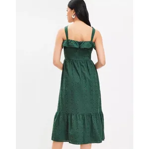 Loft Green Eyelet Ruffle Square Neck Sleeveless Cotton Midi Sundress Size 10 thumbnail 2