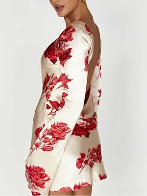 NWT MESHKI Davina satin long sleeve mini open back rose print dress size XS thumbnail 4