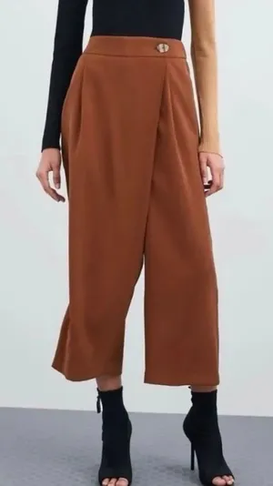 Zara brown cross front wide leg culotte pant size M thumbnail 1