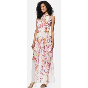 Betsy & Adam Pink Multi Floral Printed Chiffon Gown Size 4 $259 thumbnail 2
