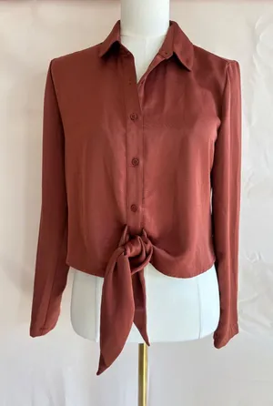 Express Portofino Rust Brown Long Sleeve Tie Front Shirt Size S thumbnail 1