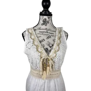 White Eyelet Lace Midi Dress S Boho Crochet Tie Front Made in Italy ART 6163 thumbnail 8