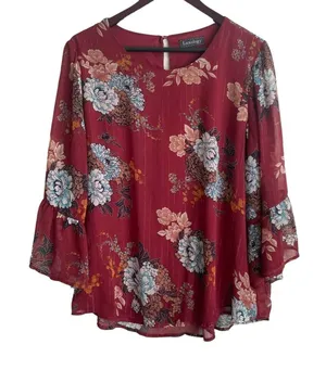 Luxology‎ Women Cottage Top XL Burgundy Floral Bell Sleeve Peasant Boho Romantic thumbnail 1