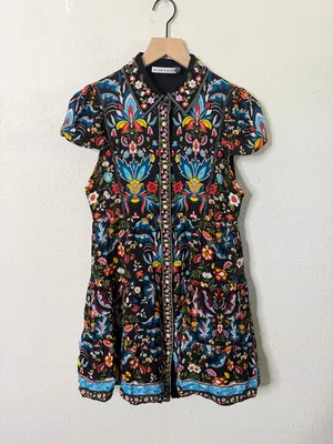 Alice + Olivia‎ Meeko Embroidered Tiered Floral Print Crepe Mini Shirt Dress 4 thumbnail 5
