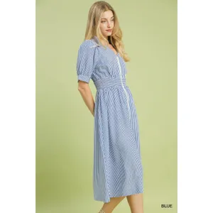 Umgee Striped Midi Dress with Front Zipper - Blue‎ - Medium thumbnail 2