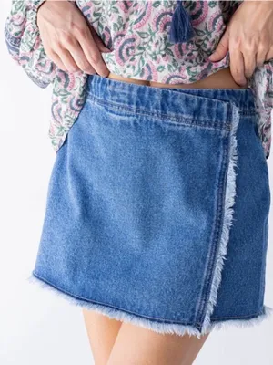 NEW! Natural Life Denim Wrap Style Crossover Frayed Hem Cotton Mini Skirt Medium thumbnail 3