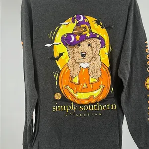 Simply Southern Gray Orange Long Sleeve Tee with Halloween dog hocks pocus M thumbnail 3