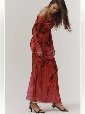 Anthropologie AFRM Long-Sleeve Off-The-Shoulder Mesh Maxi Dress thumbnail 4
