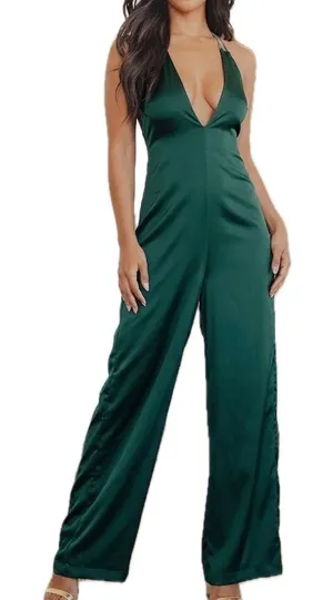 Lulus Hold That Pose Emerald Green Strappy Glam Satin Jumpsuit size XS NEW Tags thumbnail 1