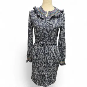 Boden Womens Navy Smocked Detail Jersey Tie Waist Cottagecore Dress Size 8R‎ thumbnail 2