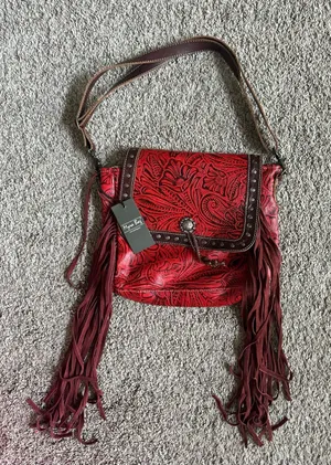 Myra Bag Red Embossed Floral Fringe Studded Shoulder Bag Zip-Around Pockets thumbnail 1