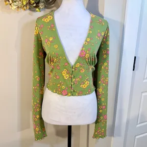 Urban Outfitters Ruby Floral Lettuce Edge Button Plunging Crop Top Green XL💚 thumbnail 2