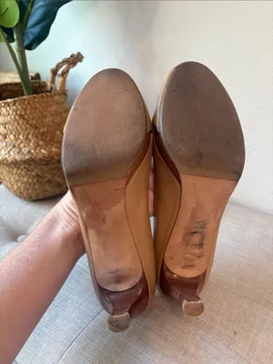 Stuart Weitzman Tan Leather Peep-Toe Heels Y2K wooden heel thumbnail 6