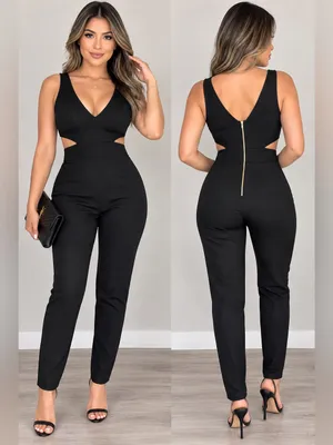 Rolla Coster Black Cutout Jumpsuit Gold Zip V-Neck Size S thumbnail 2